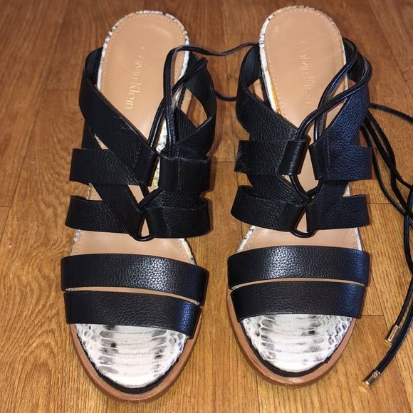 Calvin Klein Black & Grey Snakeskin Patterned Strappy Heels - Picture 4 of 8